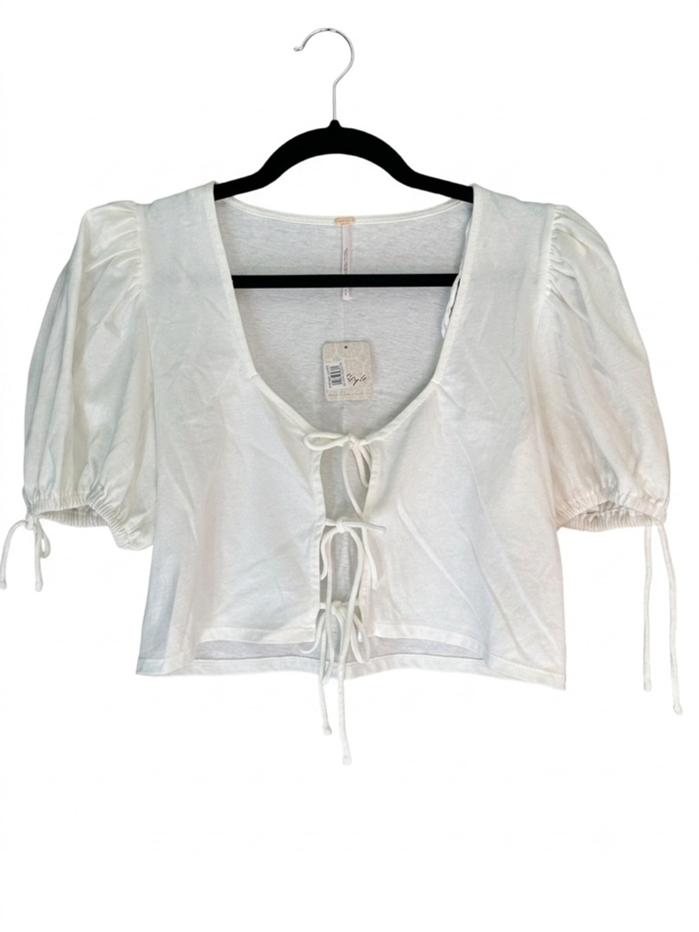 NWT Free People Off White Cream Tie-Front Puff Sleeve Crop Top Size Small